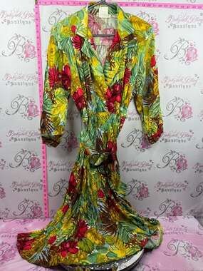 LESLIE BELLE dress vintage belted Tropical Floral Maxi Dress in Yellow and Green
